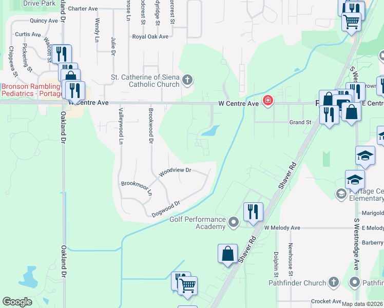 map of restaurants, bars, coffee shops, grocery stores, and more near 8150 Creekside Drive in Portage