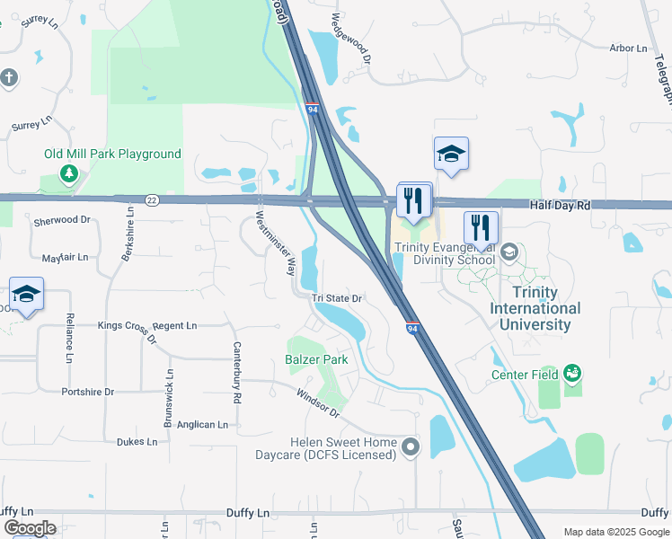 map of restaurants, bars, coffee shops, grocery stores, and more near 25 Tri State International in Lincolnshire