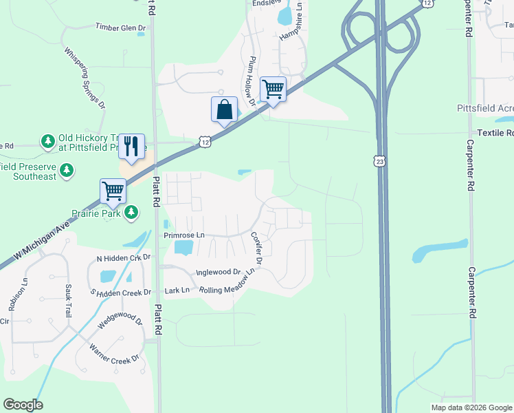 map of restaurants, bars, coffee shops, grocery stores, and more near 3283 Primrose Lane in Ypsilanti