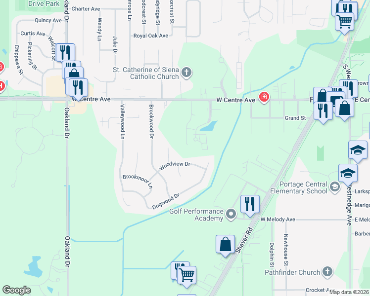 map of restaurants, bars, coffee shops, grocery stores, and more near 8150 Creekside Drive in Portage