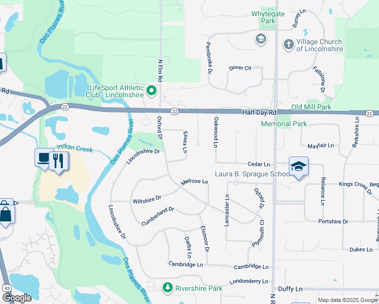 map of restaurants, bars, coffee shops, grocery stores, and more near 18 Essex Lane in Lincolnshire