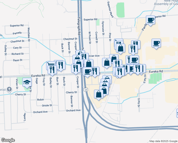 map of restaurants, bars, coffee shops, grocery stores, and more near 23940 Eureka Road in Taylor