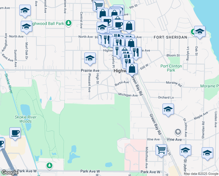 map of restaurants, bars, coffee shops, grocery stores, and more near 51 Maple Avenue in Highwood