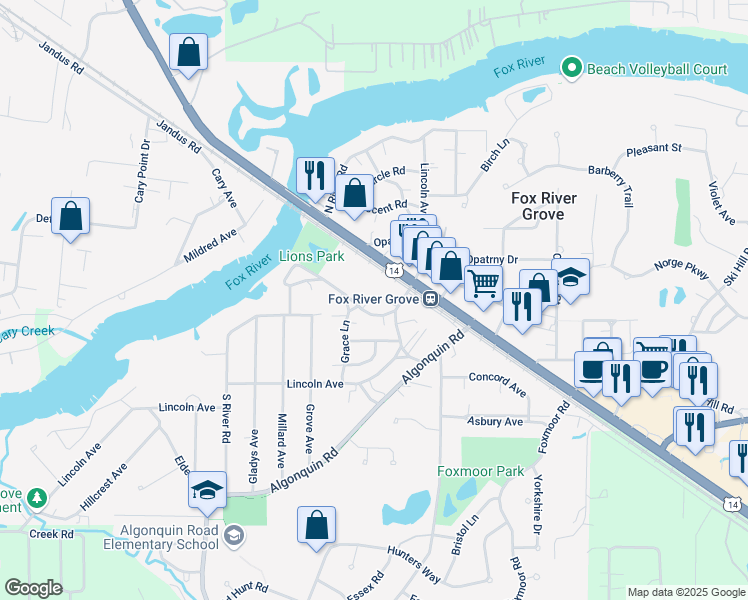 map of restaurants, bars, coffee shops, grocery stores, and more near 114 Beachway Drive in Fox River Grove