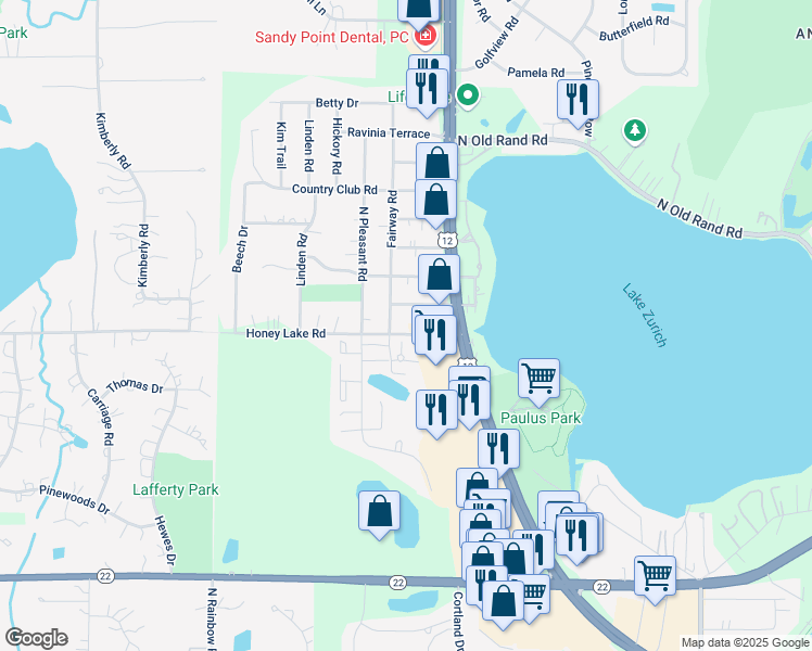 map of restaurants, bars, coffee shops, grocery stores, and more near 946 Honey Lake Road in Lake Zurich