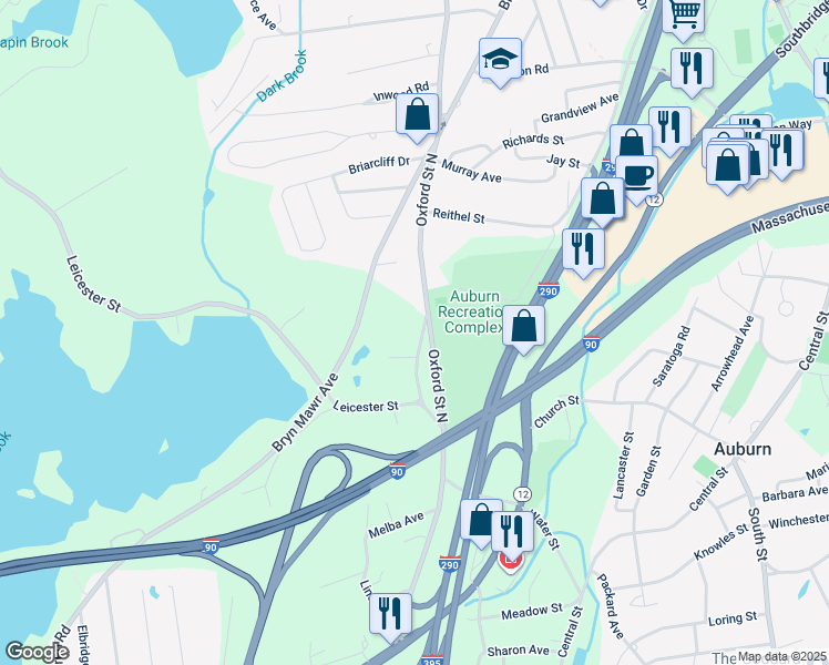 map of restaurants, bars, coffee shops, grocery stores, and more near 410 Oxford Street North in Auburn