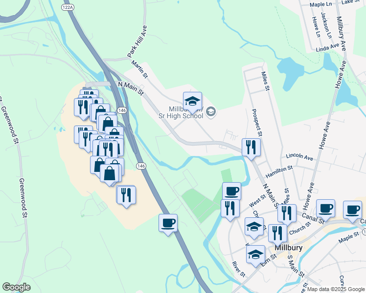 map of restaurants, bars, coffee shops, grocery stores, and more near 163 North Main Street in Millbury