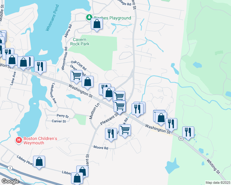 map of restaurants, bars, coffee shops, grocery stores, and more near 123 Mutton Lane in Weymouth