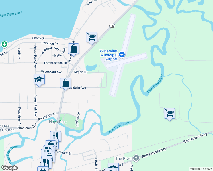 map of restaurants, bars, coffee shops, grocery stores, and more near East Baldwin Avenue in Watervliet