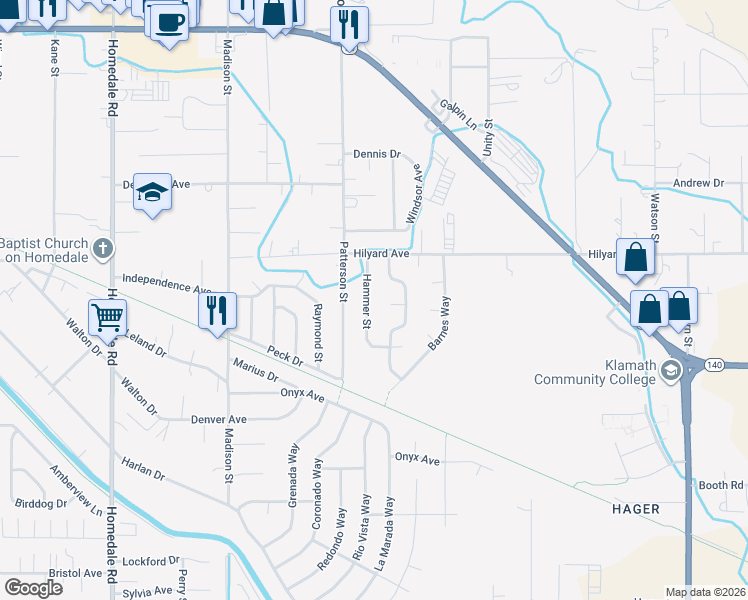 map of restaurants, bars, coffee shops, grocery stores, and more near 3137 Hammer Street in Klamath Falls