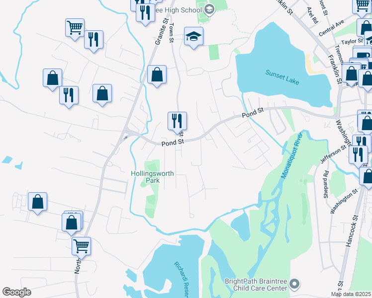 map of restaurants, bars, coffee shops, grocery stores, and more near 294 Pond Street in Braintree