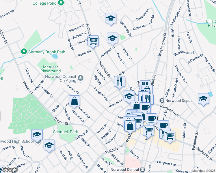 map of restaurants, bars, coffee shops, grocery stores, and more near 40 William Shyne Circle in Norwood