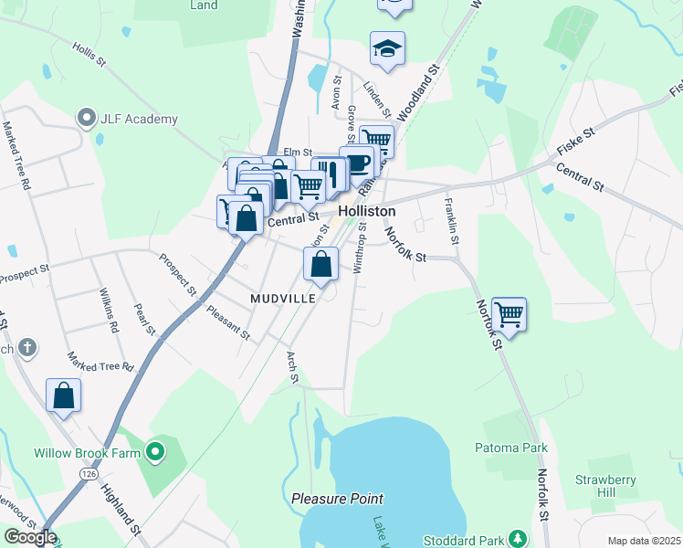 map of restaurants, bars, coffee shops, grocery stores, and more near 99 Exchange Street in Holliston