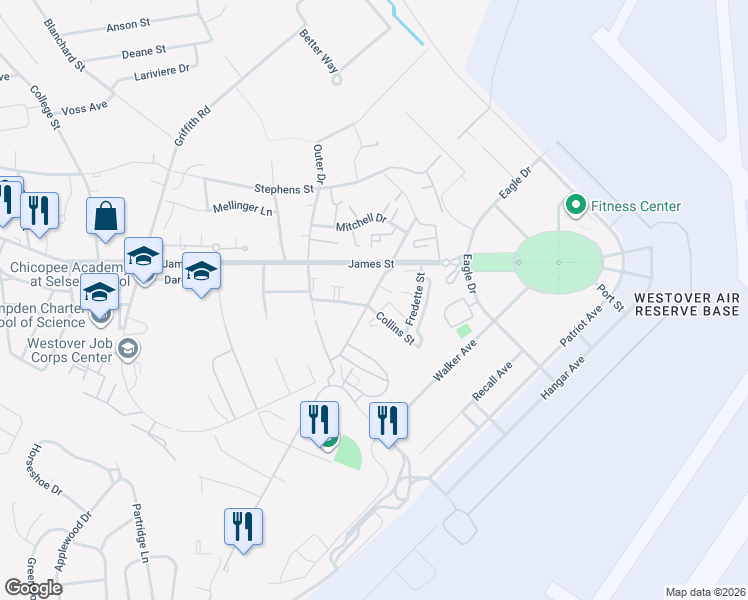 map of restaurants, bars, coffee shops, grocery stores, and more near 114 Andersen Road in Chicopee