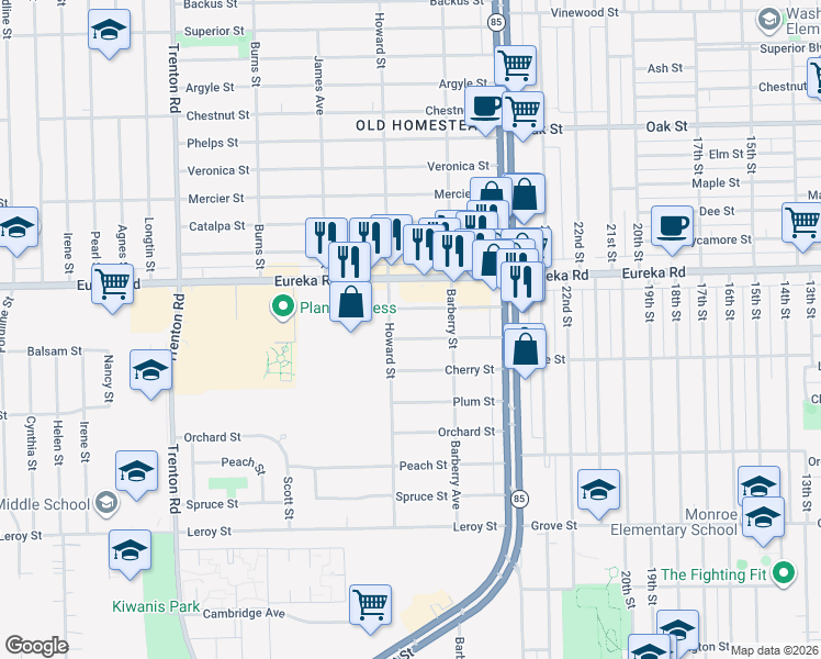 map of restaurants, bars, coffee shops, grocery stores, and more near 13120 Balsam Street in Southgate