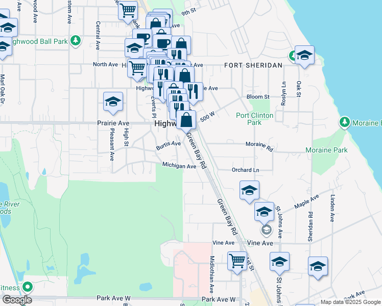 map of restaurants, bars, coffee shops, grocery stores, and more near 2502 Green Bay Road in Highland Park