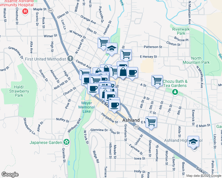 map of restaurants, bars, coffee shops, grocery stores, and more near 154 B Street in Ashland