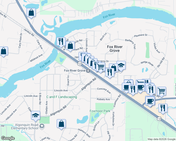 map of restaurants, bars, coffee shops, grocery stores, and more near in Fox River Grove