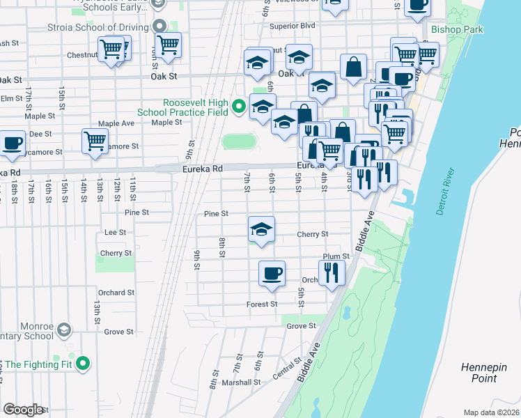 map of restaurants, bars, coffee shops, grocery stores, and more near 634 Pine Street in Wyandotte