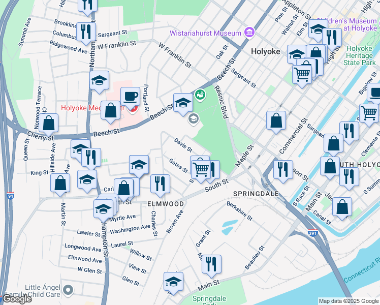 map of restaurants, bars, coffee shops, grocery stores, and more near 32 Davis St in Holyoke