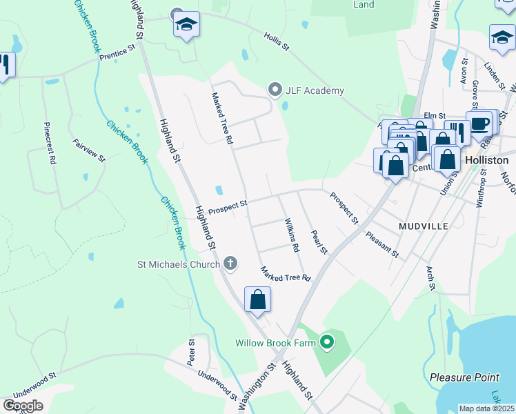 map of restaurants, bars, coffee shops, grocery stores, and more near 170 Prospect Street in Holliston