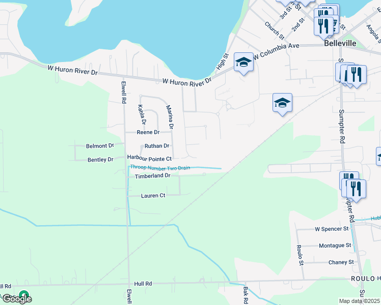 map of restaurants, bars, coffee shops, grocery stores, and more near 525 Harbour Pointe Drive in Belleville