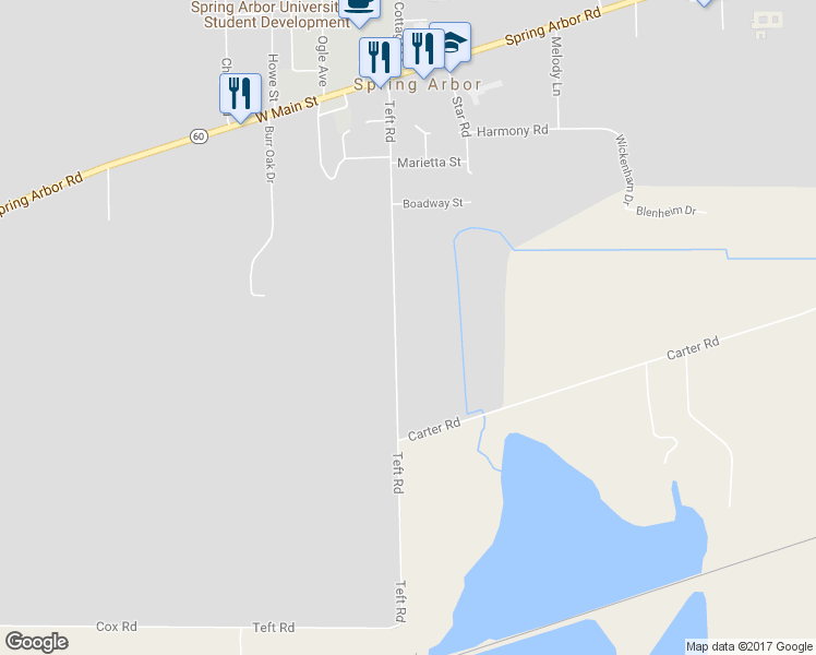 map of restaurants, bars, coffee shops, grocery stores, and more near 341 Teft Road in Spring Arbor