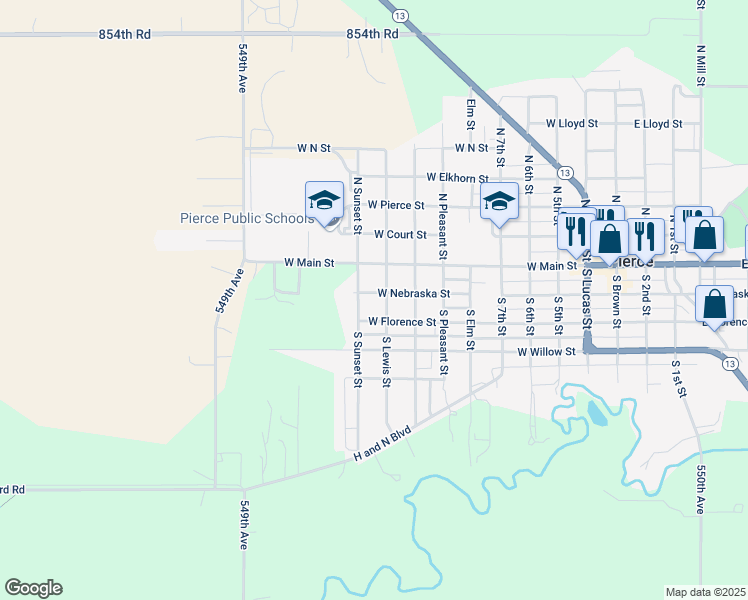 map of restaurants, bars, coffee shops, grocery stores, and more near 900 West Nebraska Street in Pierce
