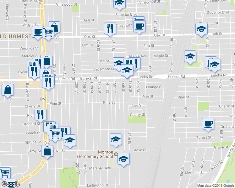 map of restaurants, bars, coffee shops, grocery stores, and more near 3415 15th Street in Wyandotte