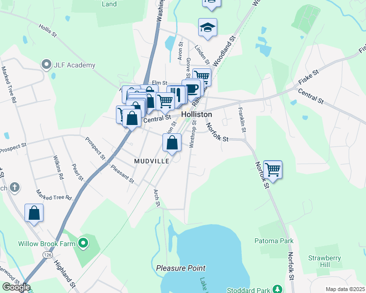 map of restaurants, bars, coffee shops, grocery stores, and more near 99 Exchange Street in Holliston