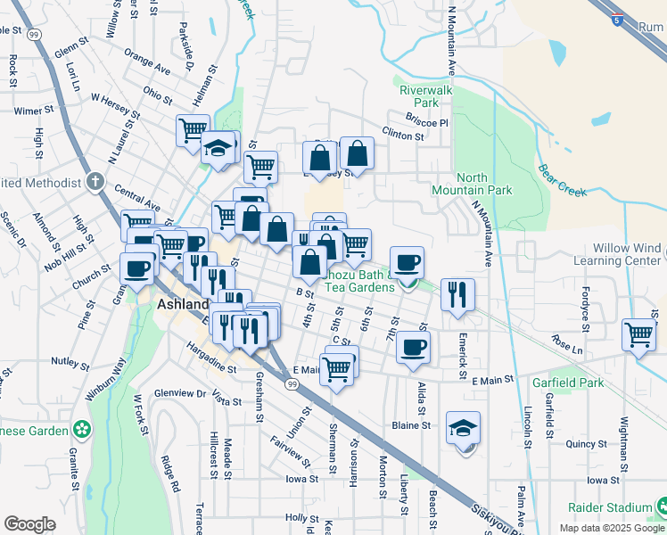 map of restaurants, bars, coffee shops, grocery stores, and more near 585 A Street in Ashland
