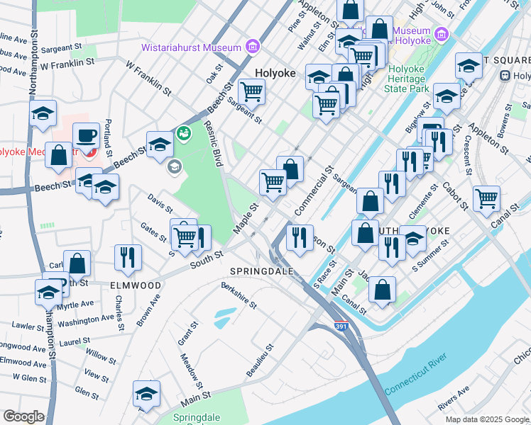 map of restaurants, bars, coffee shops, grocery stores, and more near 805 High Street in Holyoke