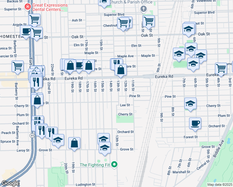 map of restaurants, bars, coffee shops, grocery stores, and more near 3399 14th Street in Wyandotte