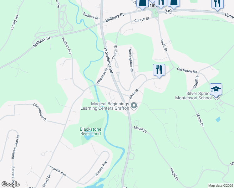 map of restaurants, bars, coffee shops, grocery stores, and more near 11 Pullard Road in Grafton