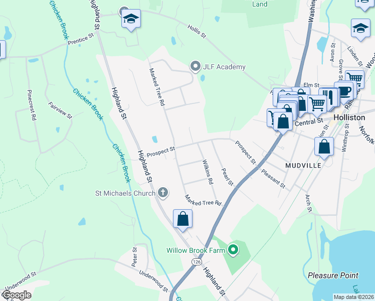 map of restaurants, bars, coffee shops, grocery stores, and more near 170 Prospect Street in Holliston