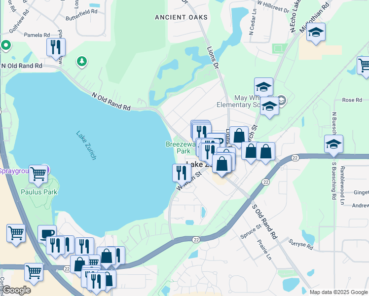 map of restaurants, bars, coffee shops, grocery stores, and more near 125 North Old Rand Road in Lake Zurich