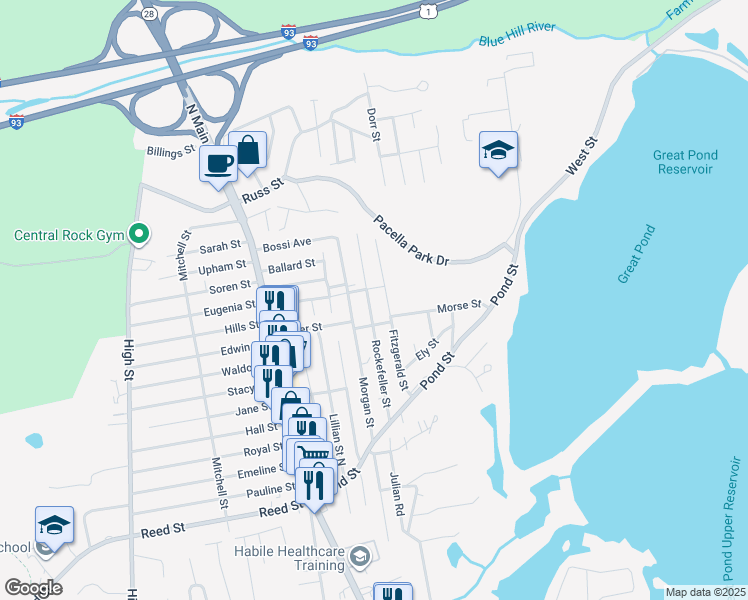map of restaurants, bars, coffee shops, grocery stores, and more near 57 Rockefeller Street in Randolph