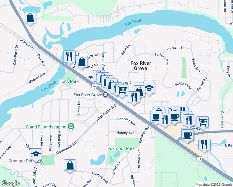 map of restaurants, bars, coffee shops, grocery stores, and more near 405 Lucille Avenue in Fox River Grove