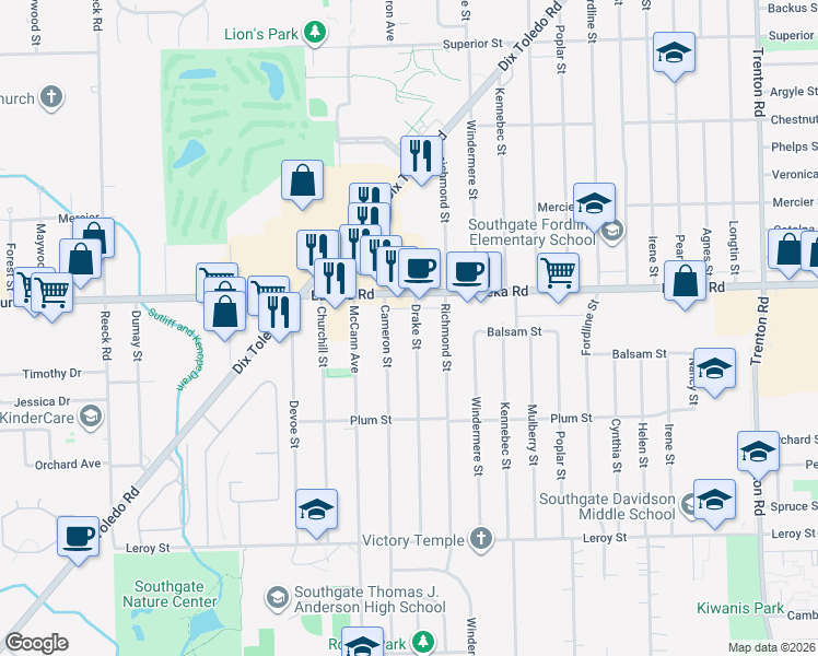 map of restaurants, bars, coffee shops, grocery stores, and more near 15071 Drake Street in Southgate