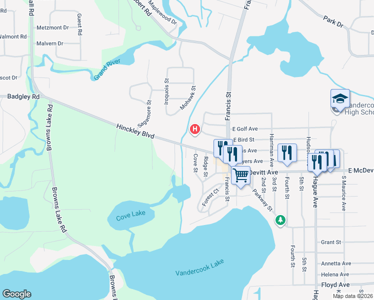 map of restaurants, bars, coffee shops, grocery stores, and more near 501 Hinckley Boulevard in Jackson