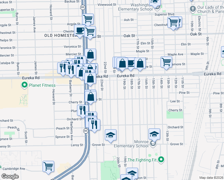 map of restaurants, bars, coffee shops, grocery stores, and more near 3397 21st Street in Wyandotte