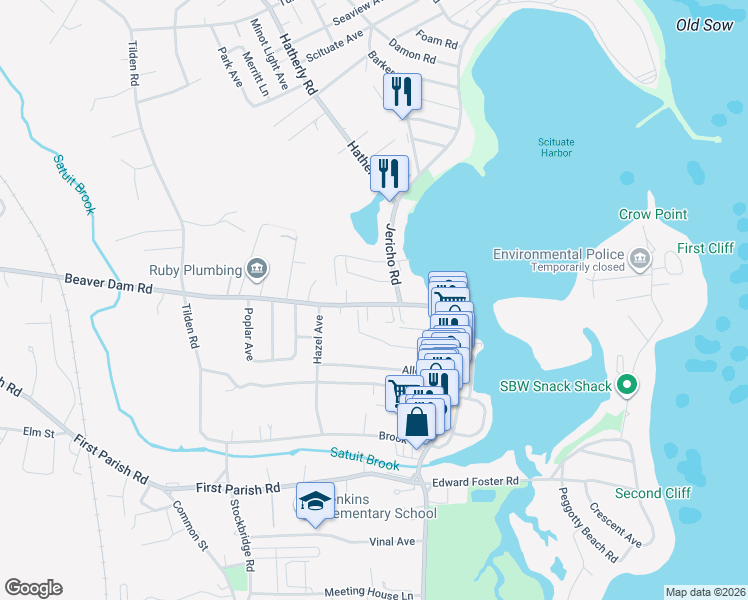 map of restaurants, bars, coffee shops, grocery stores, and more near 28 Beaver Dam Road in Scituate