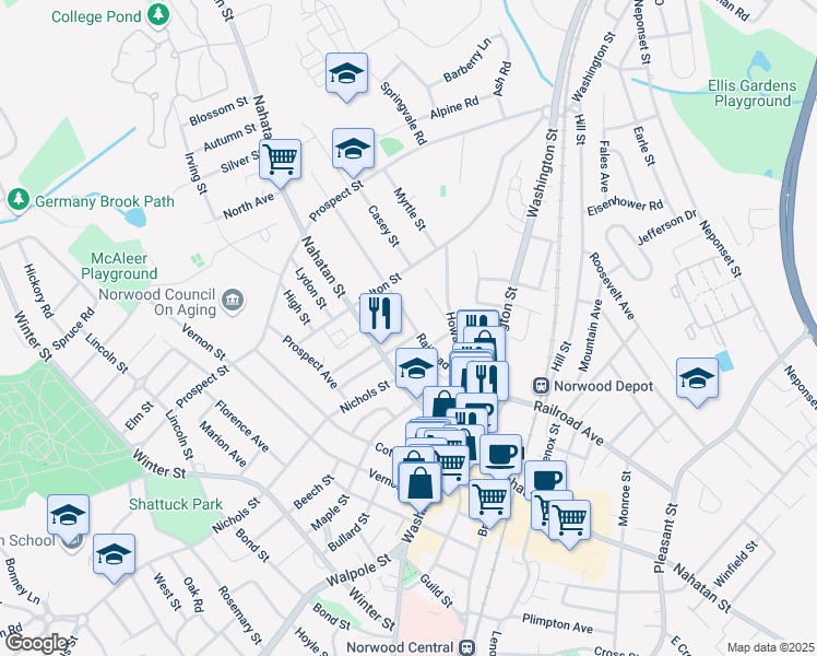 map of restaurants, bars, coffee shops, grocery stores, and more near 278 Railroad Avenue in Norwood