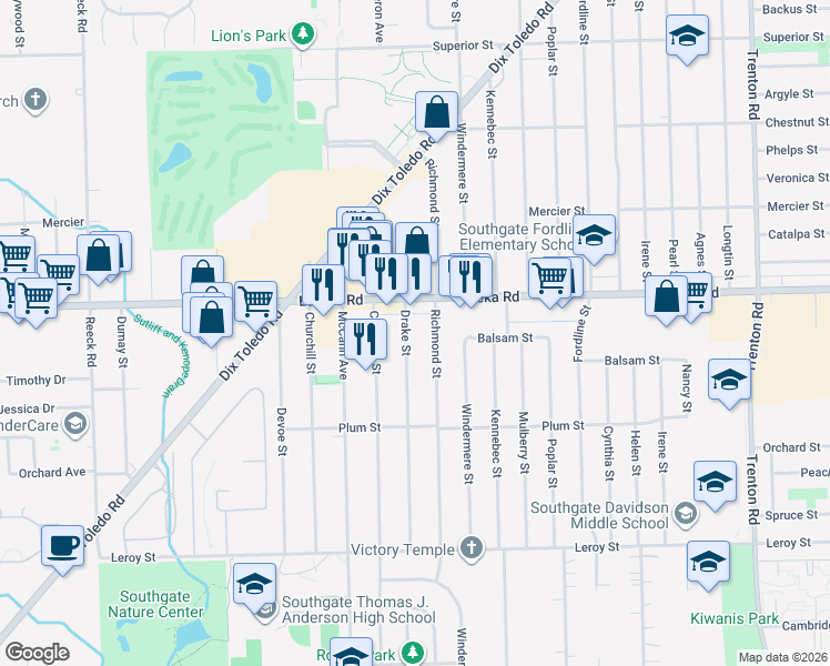 map of restaurants, bars, coffee shops, grocery stores, and more near 15071 Drake Street in Southgate