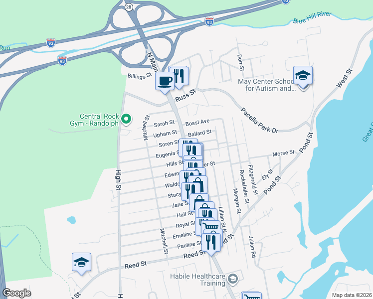 map of restaurants, bars, coffee shops, grocery stores, and more near Massachusetts 28 in Braintree
