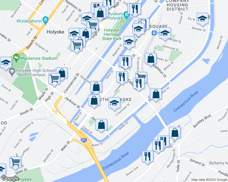 map of restaurants, bars, coffee shops, grocery stores, and more near 185 Clemente Street in Holyoke