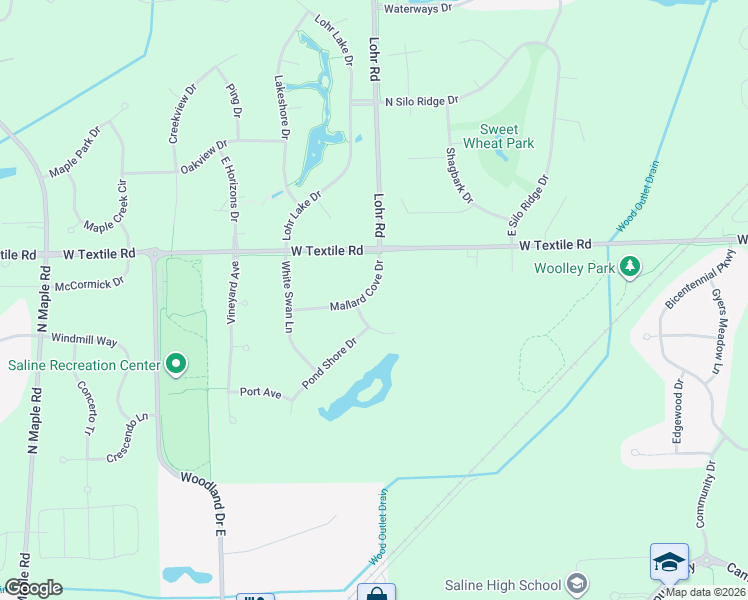 map of restaurants, bars, coffee shops, grocery stores, and more near 1577 Mallard Cove Drive in Ann Arbor
