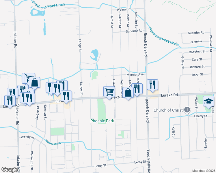 map of restaurants, bars, coffee shops, grocery stores, and more near 14709 Duncan Street in Taylor