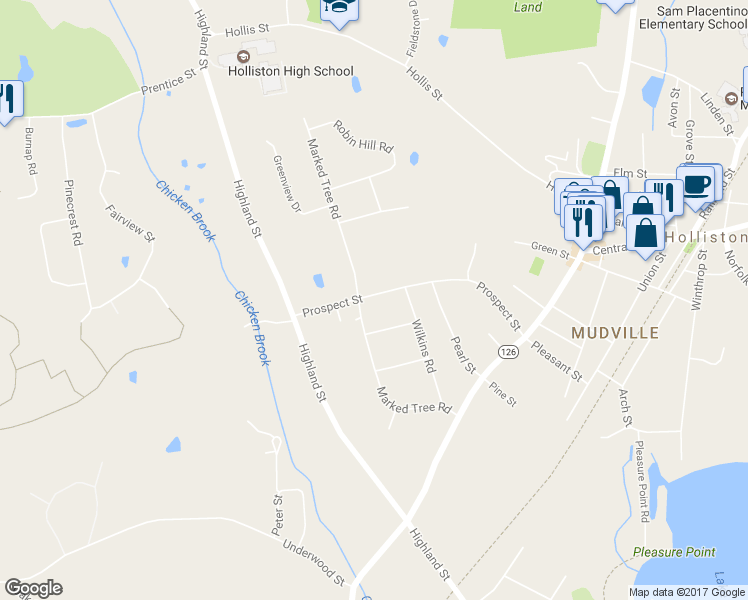 map of restaurants, bars, coffee shops, grocery stores, and more near 170 Prospect Street in Holliston