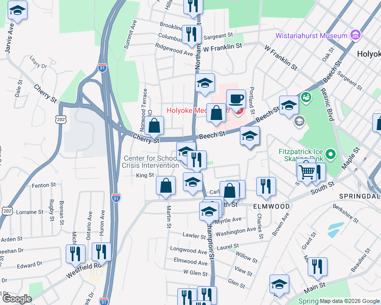 map of restaurants, bars, coffee shops, grocery stores, and more near 1889 Northampton Street in Holyoke